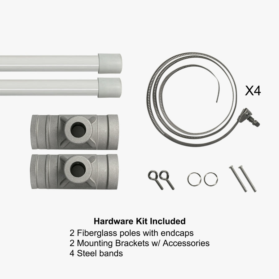 Pole banner hardware kit: 2 fiberglass poles with end caps, 2 mounting brackets with accessories and 4 steel bands, Ardor Printing