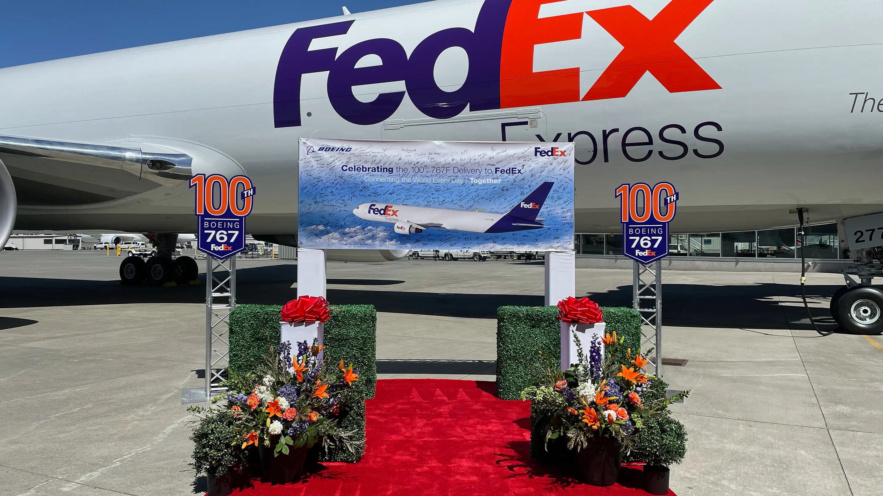 Outdoor event signage we made for Fedex when they purchased their 100th Boeing 767 in Everett, WA