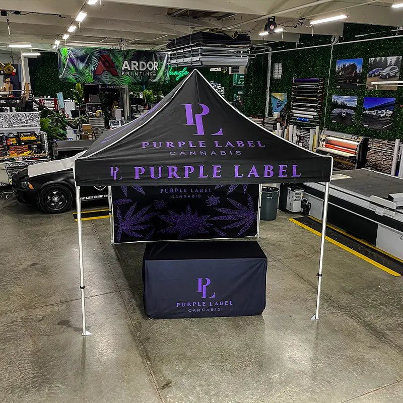 Here is a custom printed tent canopy with the tent frame we did for Purple Label. This is a 10' x 10' Tent.
