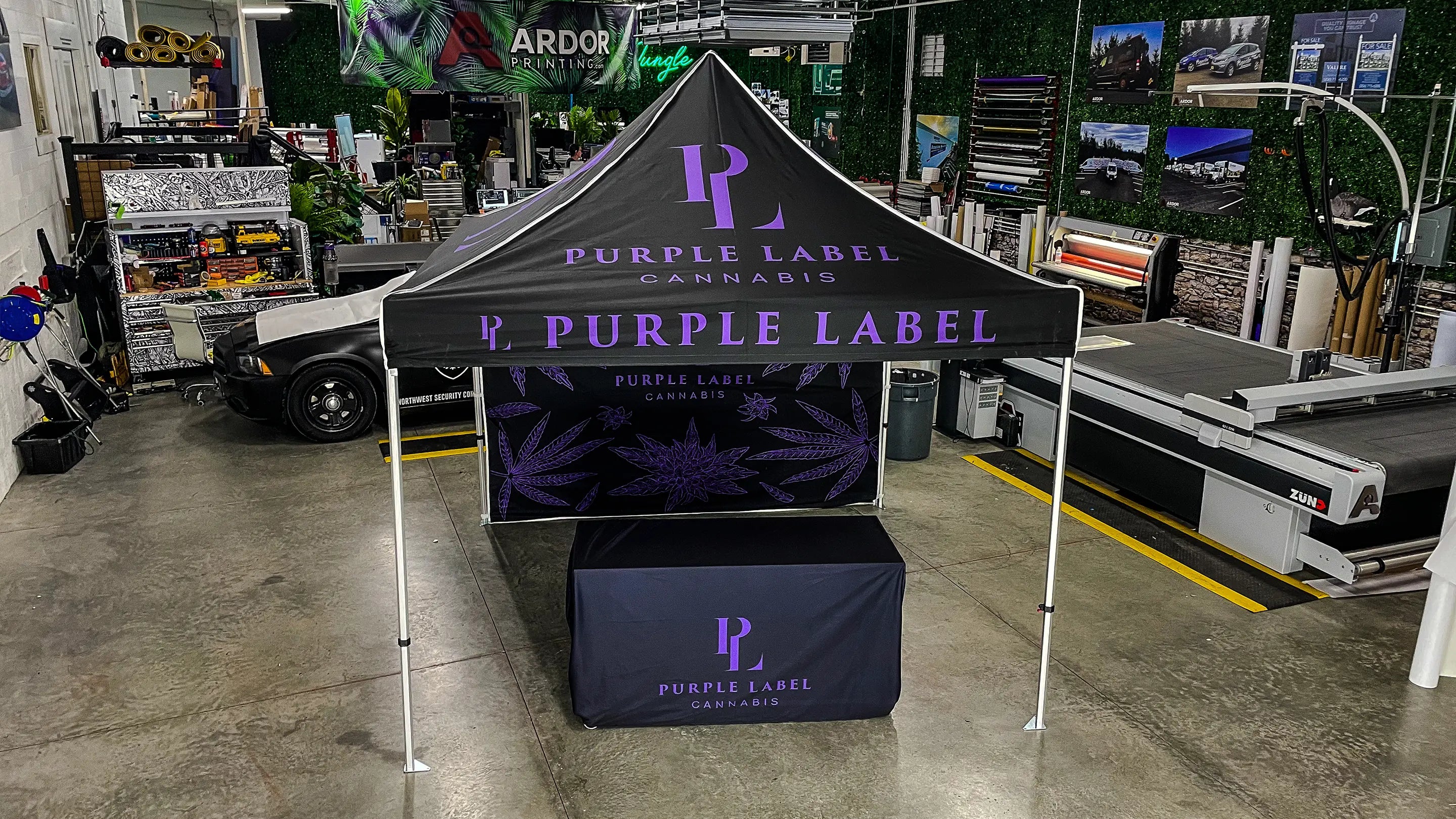 Here is a custom printed tent canopy with the tent frame we did for Purple Label. This is a 10' x 10' Tent. 