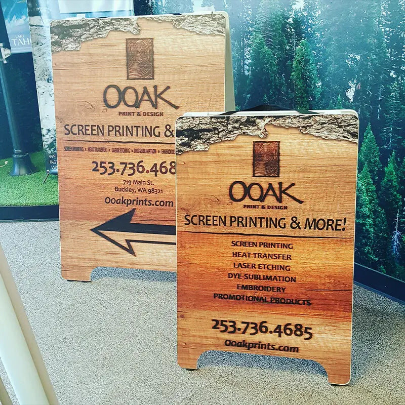 Wood a-frame signs we made for Ooak Screen Printing in Buckley, WA