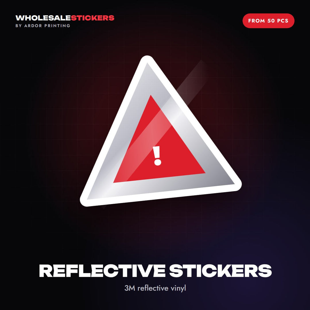 Reflective stickers graphic: a red and silver triangle warning sticker with a light glare