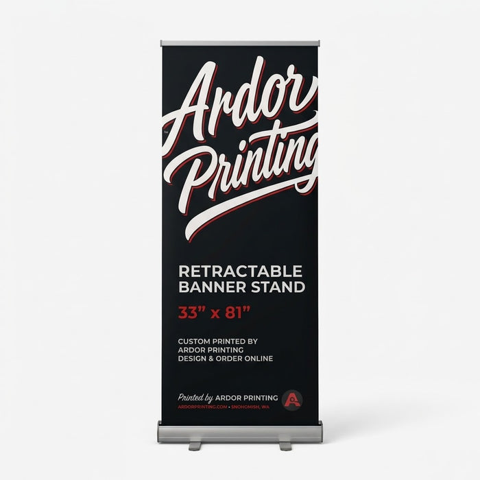 Custom standard retractable banner stand, 33 x 81 in, silver hardware, front view, Ardor Printing