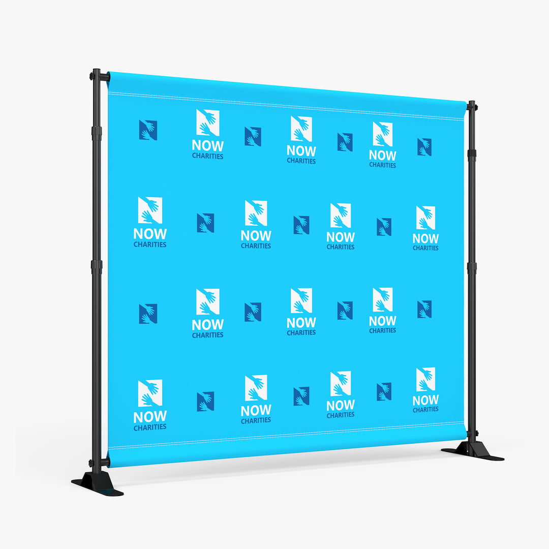 Custom step and repeat backdrop, 8 and 9 and 10 in wide sizes, front view with a sample graphic, Ardor Printing