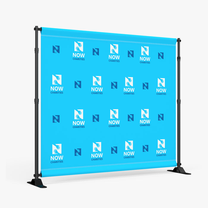 Custom step and repeat backdrop, 8 and 9 and 10 in wide sizes, front view with a sample graphic, Ardor Printing
