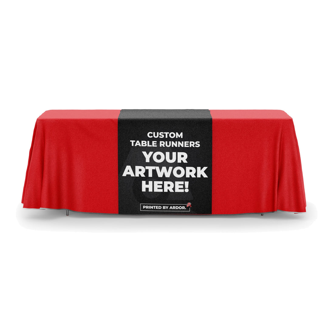 Custom table runner on a red stock table throw, front view, Ardor Printing