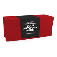 Custom table runner on a red stock table throw, three-quarter left view, Ardor Printing
