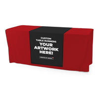 Custom table runner on a red stock table throw, three-quarter right view, Ardor Printing