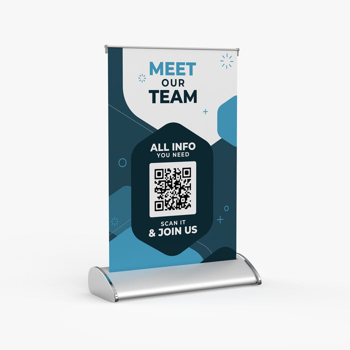 Custom table top banner stand, mini retractable, 11.5 x 17.5 in, front view with a sample graphic, Ardor Printing