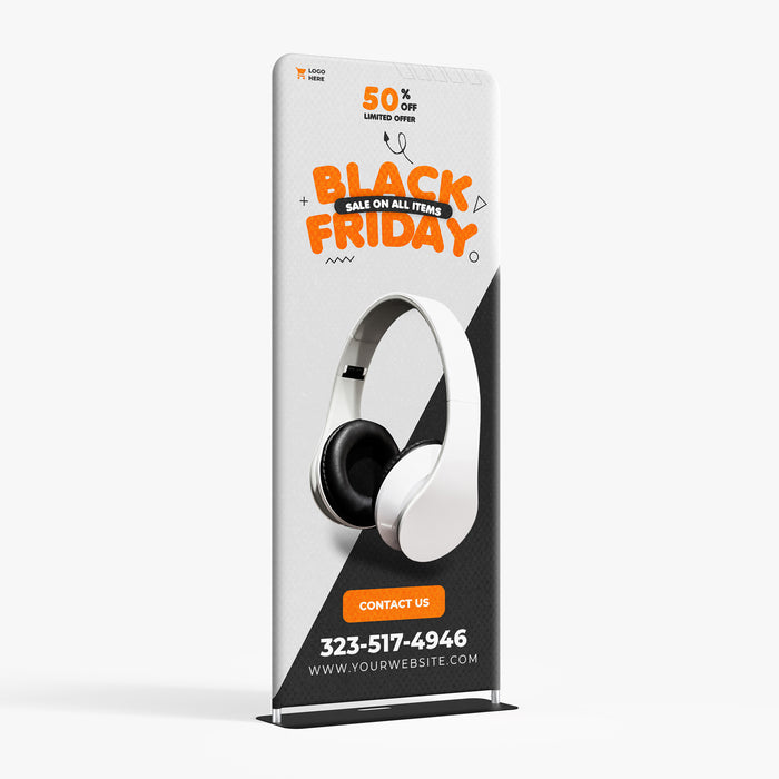 Custom tension fabric stand, 36 x 90 in, front view with a sample graphic, Ardor Printing