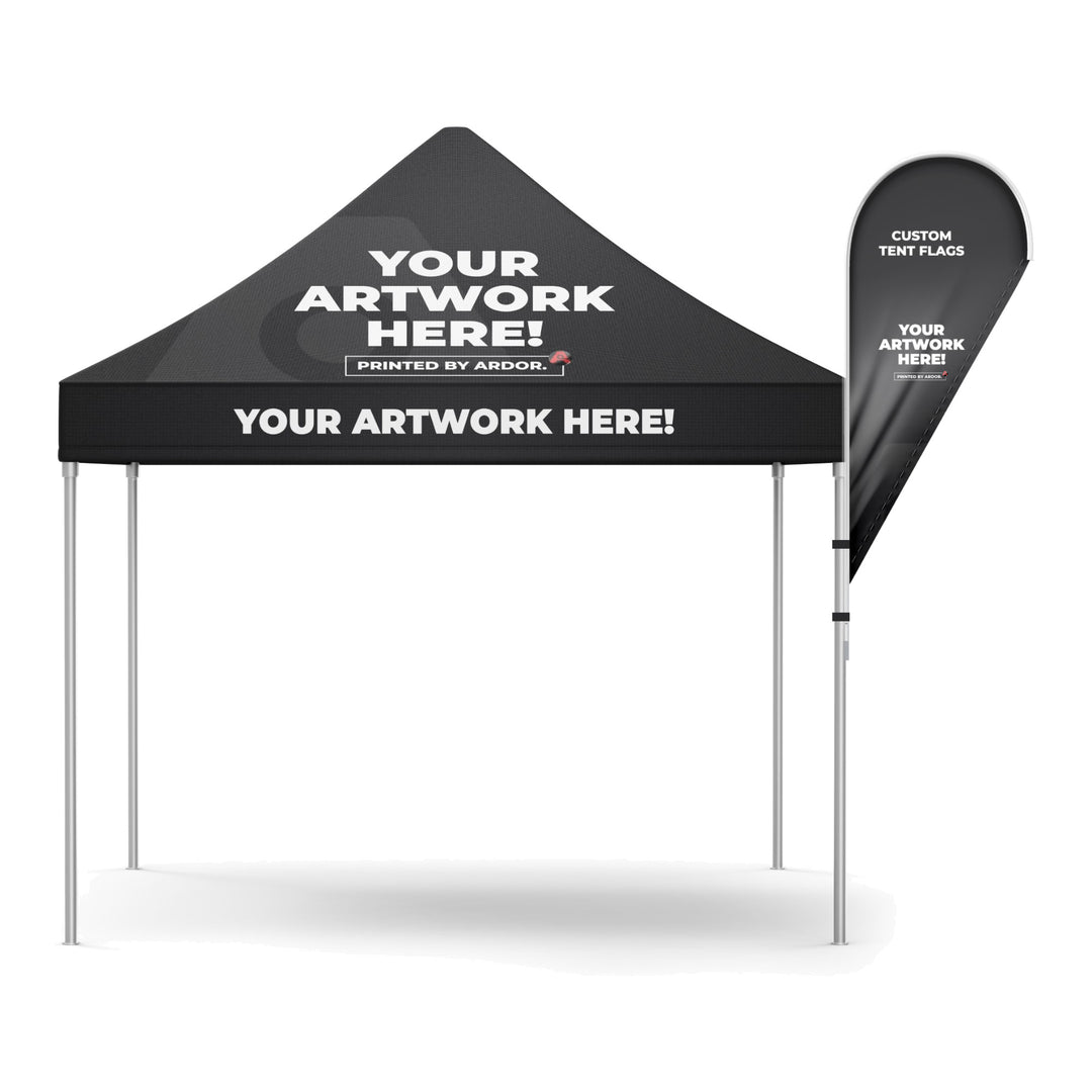 Custom tent flag mounted on an event tent leg, front view, Ardor Printing