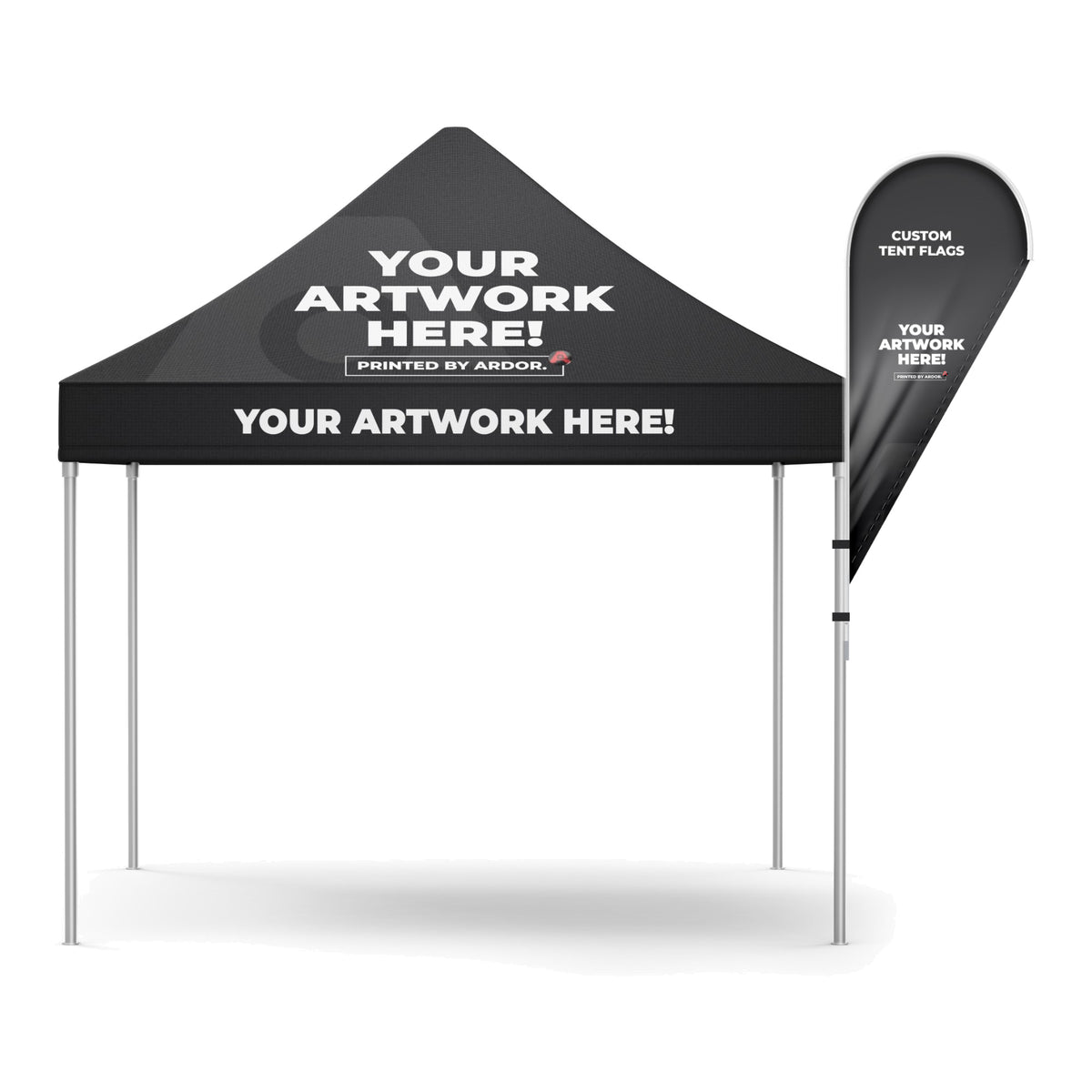Custom tent flag mounted on an event tent leg, front view, Ardor Printing