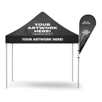Custom tent flag mounted on an event tent leg, front view, Ardor Printing