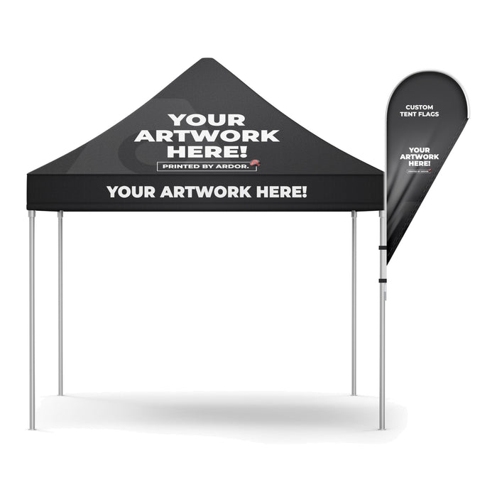 Custom tent flag mounted on an event tent leg, front view, Ardor Printing