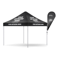 Custom tent flag mounted on an event tent leg, three-quarter left view, Ardor Printing