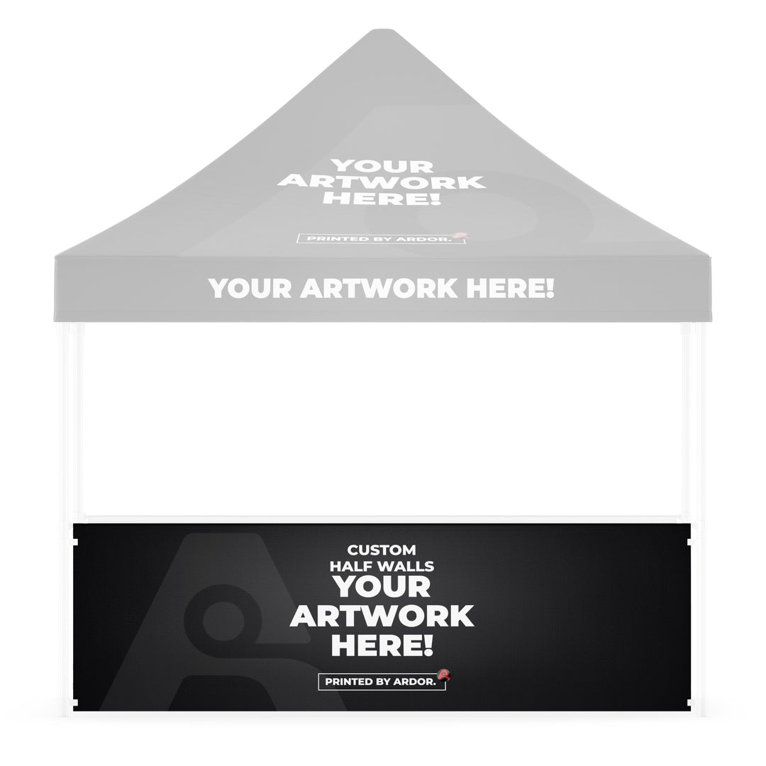 Custom tent half wall shown on a faded event tent, front view, Ardor Printing