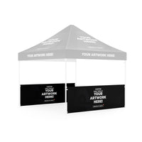 Custom tent half wall shown on a faded event tent, three-quarter left view, Ardor Printing