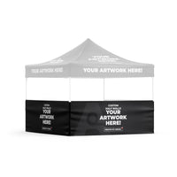 Custom tent half wall shown on a faded event tent, three-quarter right view, Ardor Printing