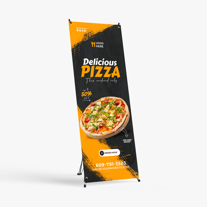 Custom X-stand banner stand, 24 x 63 in, front view with a sample graphic, Ardor Printing