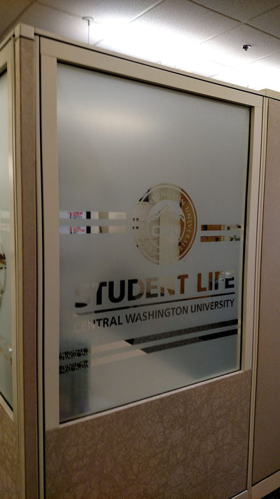 Frosted glass film with etched-look logo for Central Washington University Student Life by Ardor Printing
