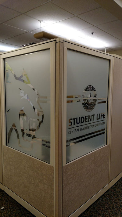 Frosted glass film with etched-look logo for Central Washington University Student Life, view 2 by Ardor Printing