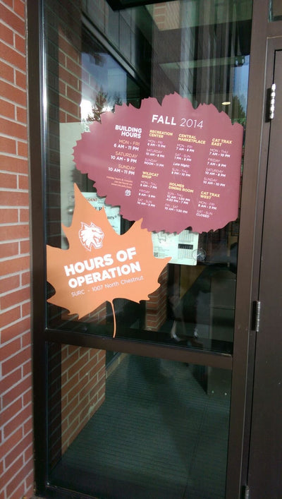 Central Washington University window graphics and hours decal by Ardor Printing