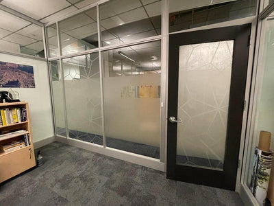 Decorative frosted window film with geometric pattern on office glass walls and doors, view 4 by Ardor Printing