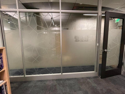 Decorative frosted window film with geometric pattern on office glass walls and doors, view 5 by Ardor Printing