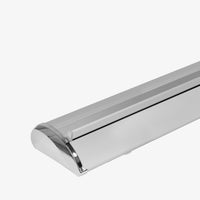 Deluxe retractable banner stand hardware, wide aluminum base with polished chrome ends
