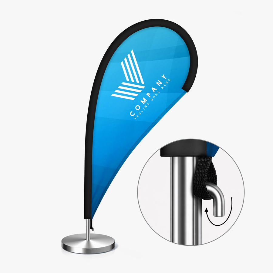 Desktop teardrop flag on its base with a close-up of the pole connector