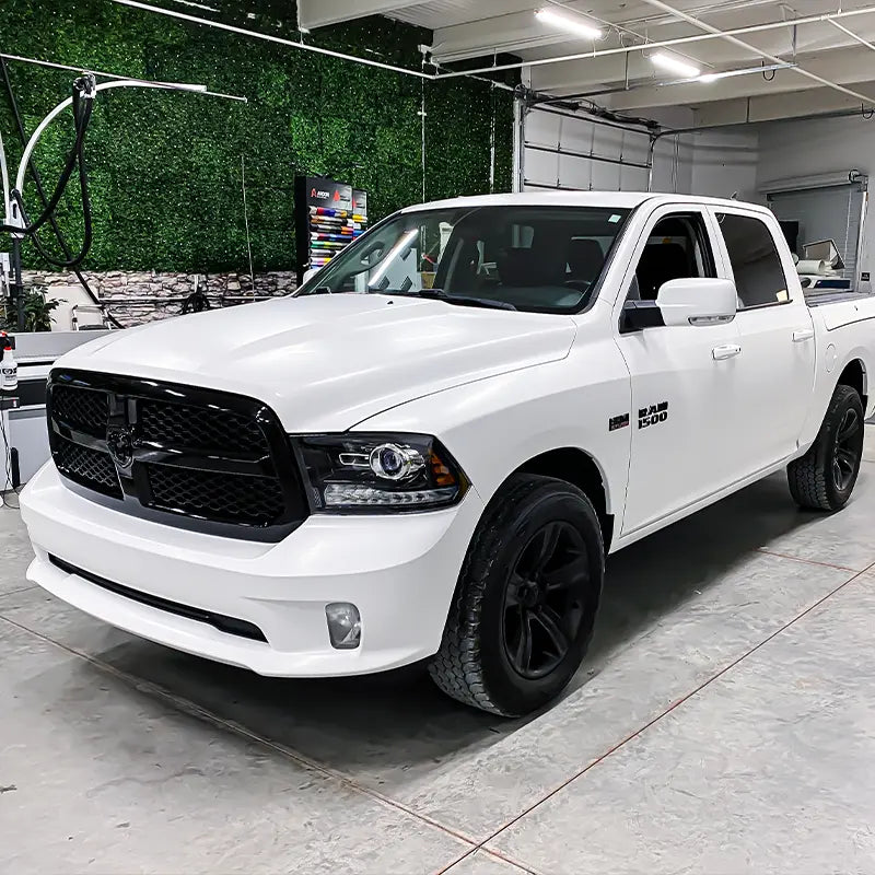 3M satin white car wrap we installed on this 2019 Dodge Ram 1500.