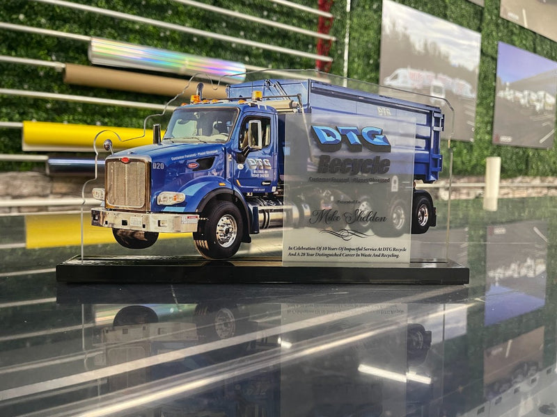 Custom printed acrylic service award with a DTG Recycle truck by Ardor Printing
