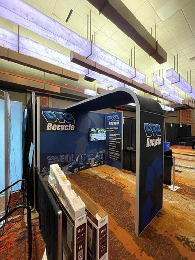 DTG Recycle custom trade show booth with printed fabric walls and arch by Ardor Printing, view 3