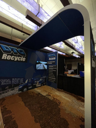 DTG Recycle custom trade show booth with printed fabric walls and arch by Ardor Printing, view 9