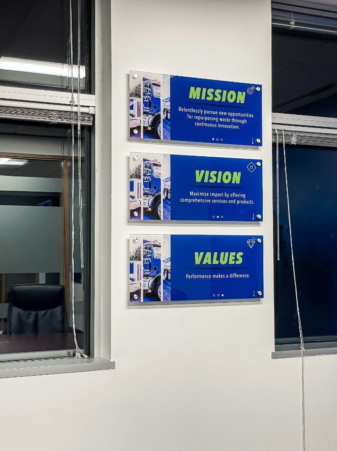 DTG Recycle office acrylic mission, vision and values signs by Ardor Printing