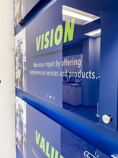 DTG Recycle office acrylic mission, vision and values signs by Ardor Printing, view 2
