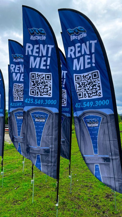 DTG Recycle "Rent Me!" portable restroom feather flags with QR code, printed by Ardor Printing
