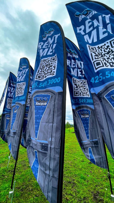 DTG Recycle "Rent Me!" portable restroom feather flags with QR code, printed by Ardor Printing, view 2