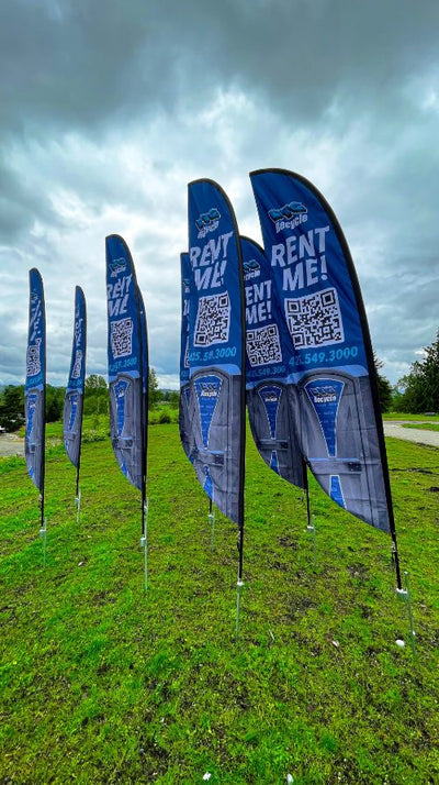 DTG Recycle "Rent Me!" portable restroom feather flags with QR code, printed by Ardor Printing, view 3