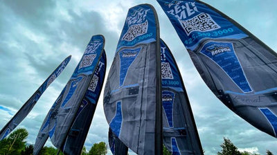 DTG Recycle "Rent Me!" portable restroom feather flags with QR code, printed by Ardor Printing, view 5