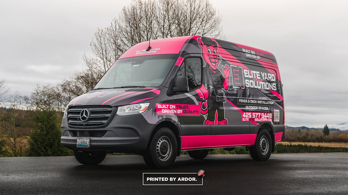 Pink and black Elite Yard Solutions Mercedes Sprinter van wrap printed and installed by Ardor Printing