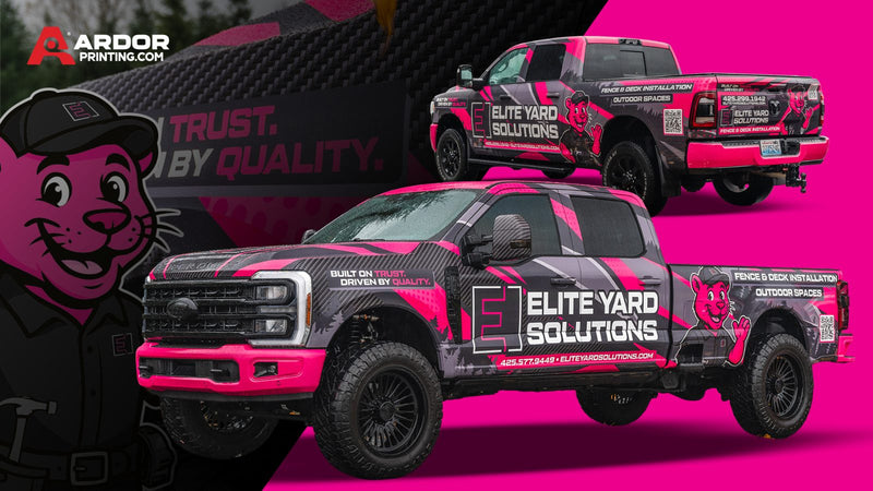 Elite Yard Solutions pink truck wrap design with mascot