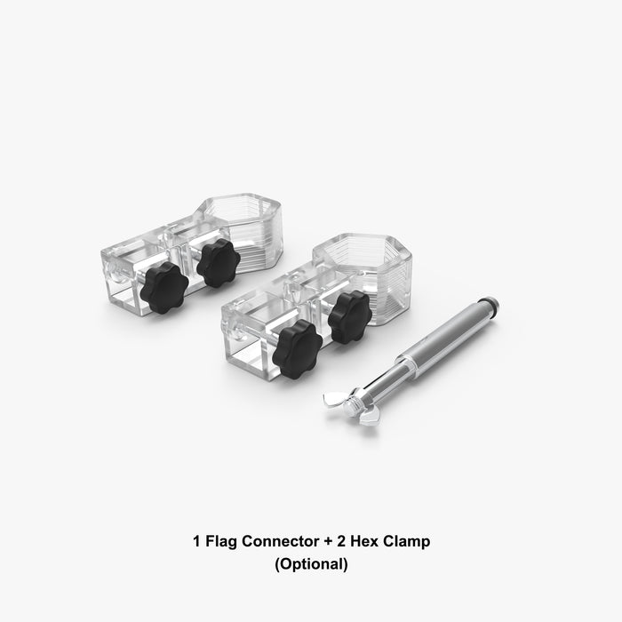Event tent flag holder set: flag attachment and 2 hex clamps