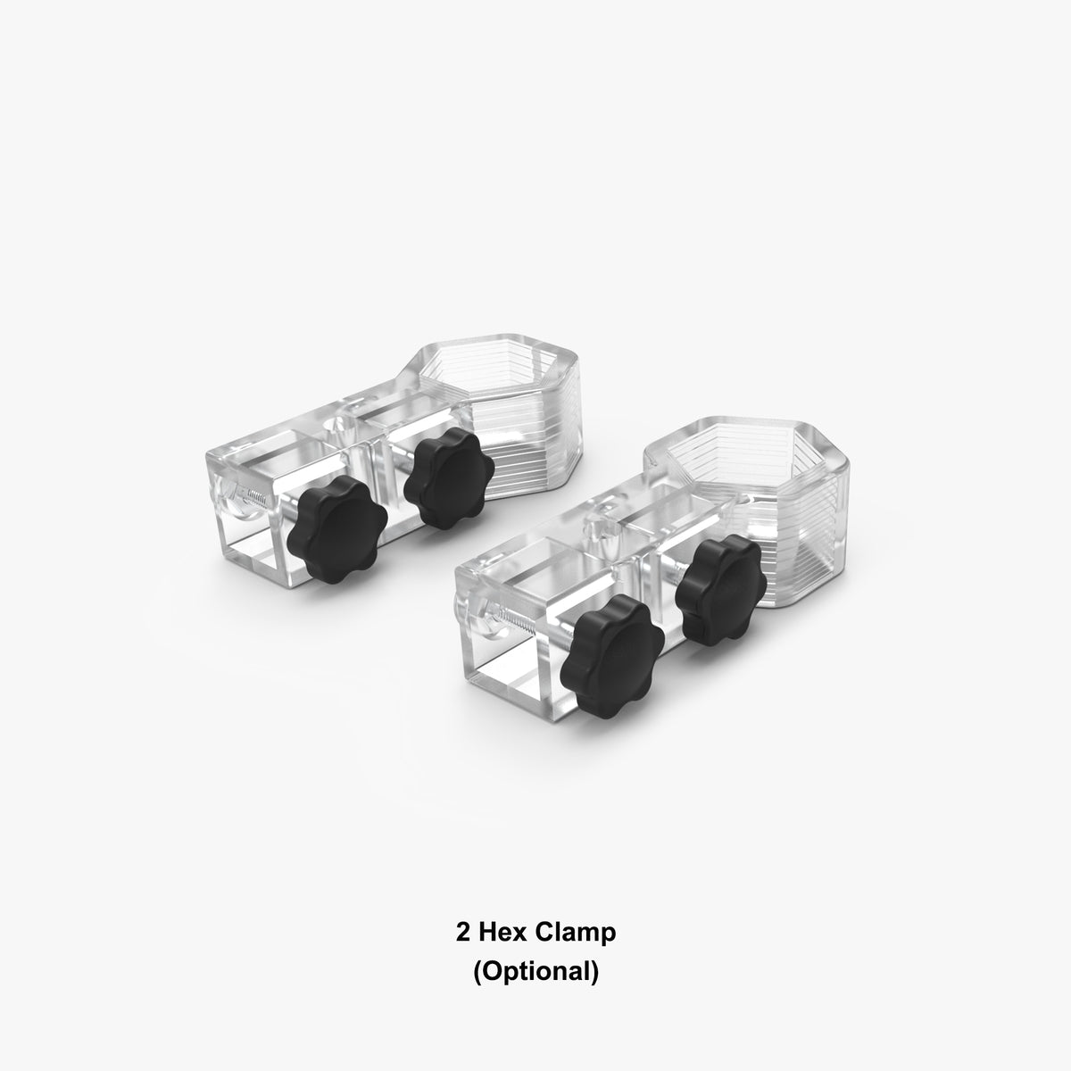 2 clear hex clamps with black knobs for aluminum event tent legs