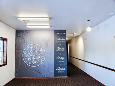 Evergreen Church hallway wall wrap by Ardor Printing