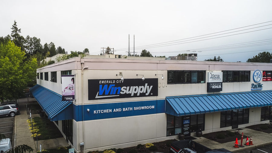 Finished Winsupply building signs on a kitchen and bath showroom exterior