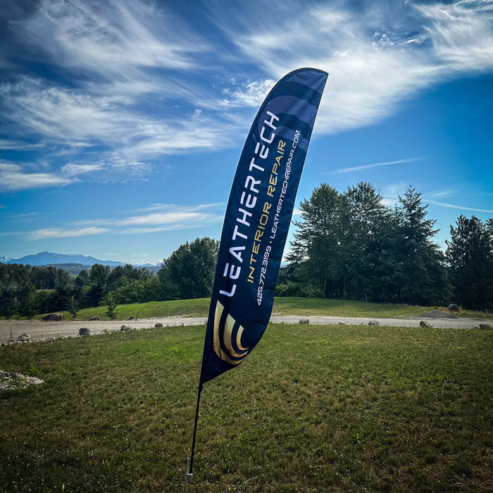 Custom printed feather flag for Leather Tech