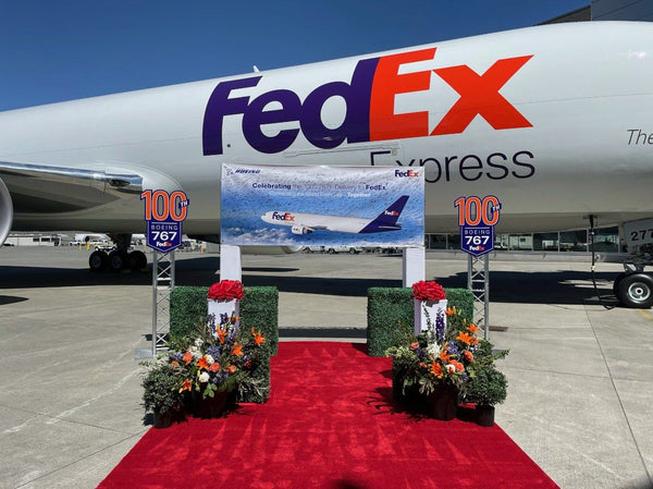 FedEx and Boeing 100th 767 delivery event banner by Ardor Printing