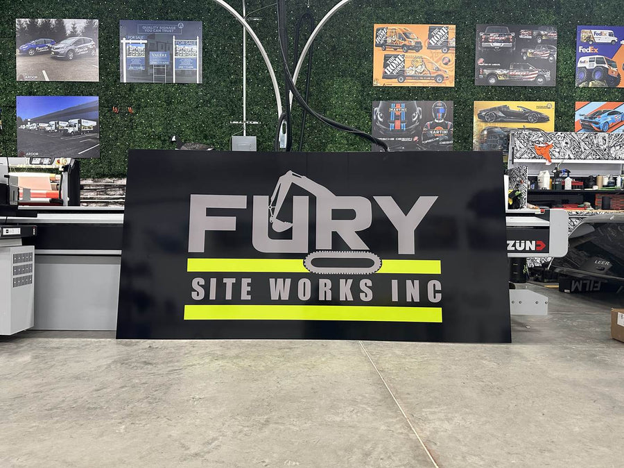 Finished aluminum composite logo sign for Fury Site Works in the Ardor Printing shop