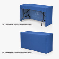 6ft fitted table cover, 3 sided open back and 4 sided closed back compared